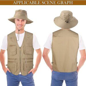 Janmercy 2-Piece Men's Work/Fishing Vest with Hat Lightweight Safari Hunting-XL